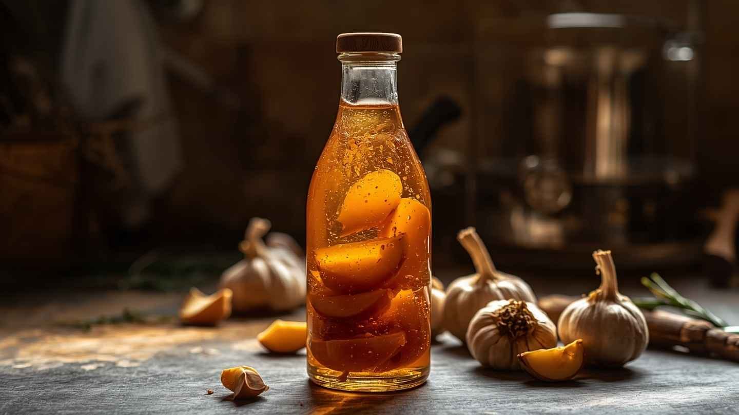 ilustrasi gambar madu campur bawang putih bakar bakar dalam botol