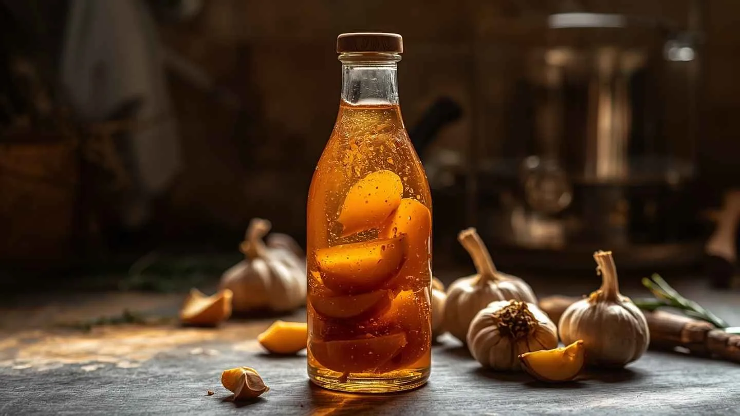 ilustrasi gambar madu campur bawang putih bakar bakar dalam botol