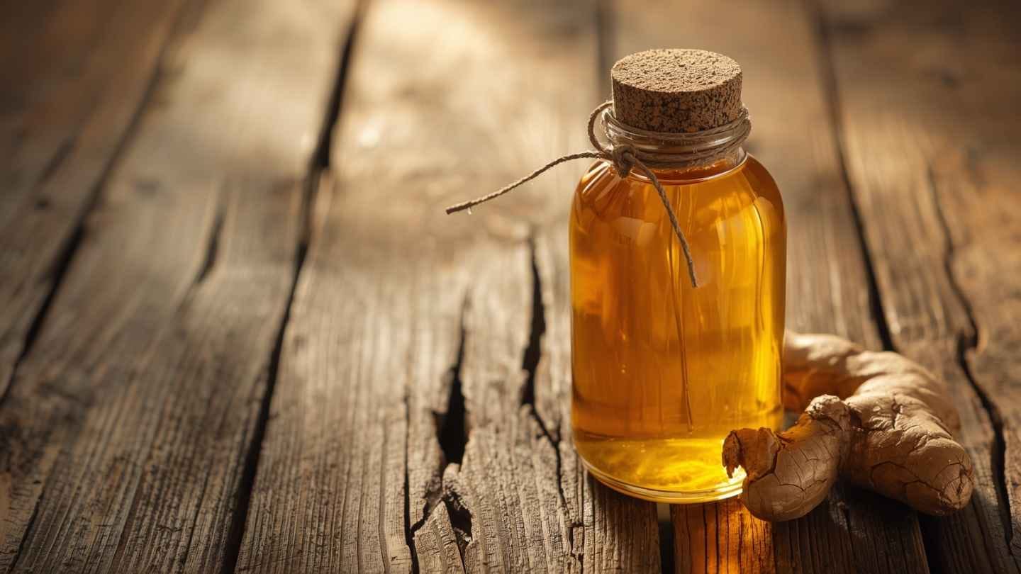 ilustrasi gambar madu dalam botol dan jahe utuh disebelahnya