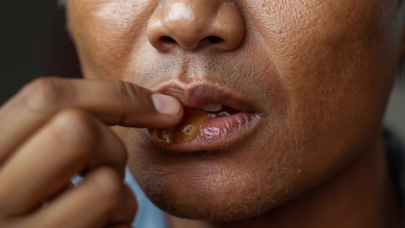 ilustrasi gambar pria sedang mengoles madu pada bagian bibir sariawan