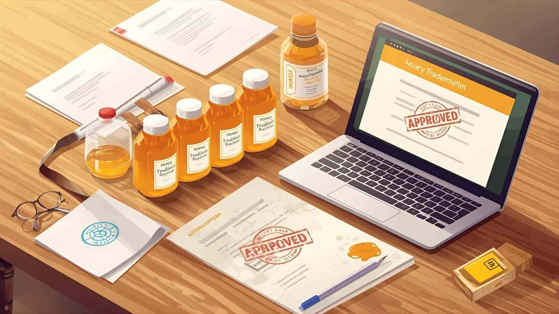 ilustrasi gambar sedang mendaftarkan merek madu dilaptop