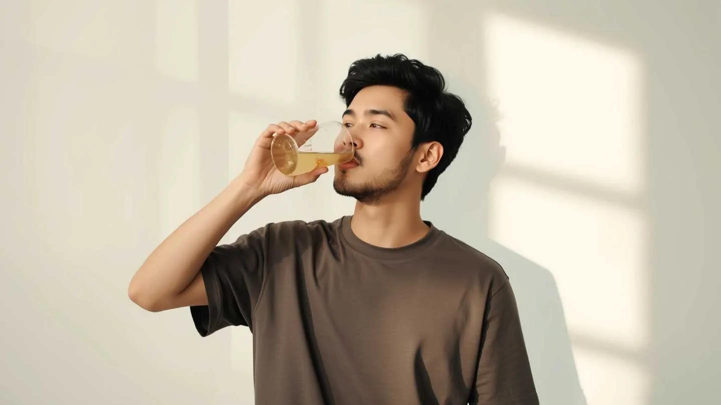 ilustrasi gambar sedang seorang pria minum Fermentasi Bawang Putih campur Madu