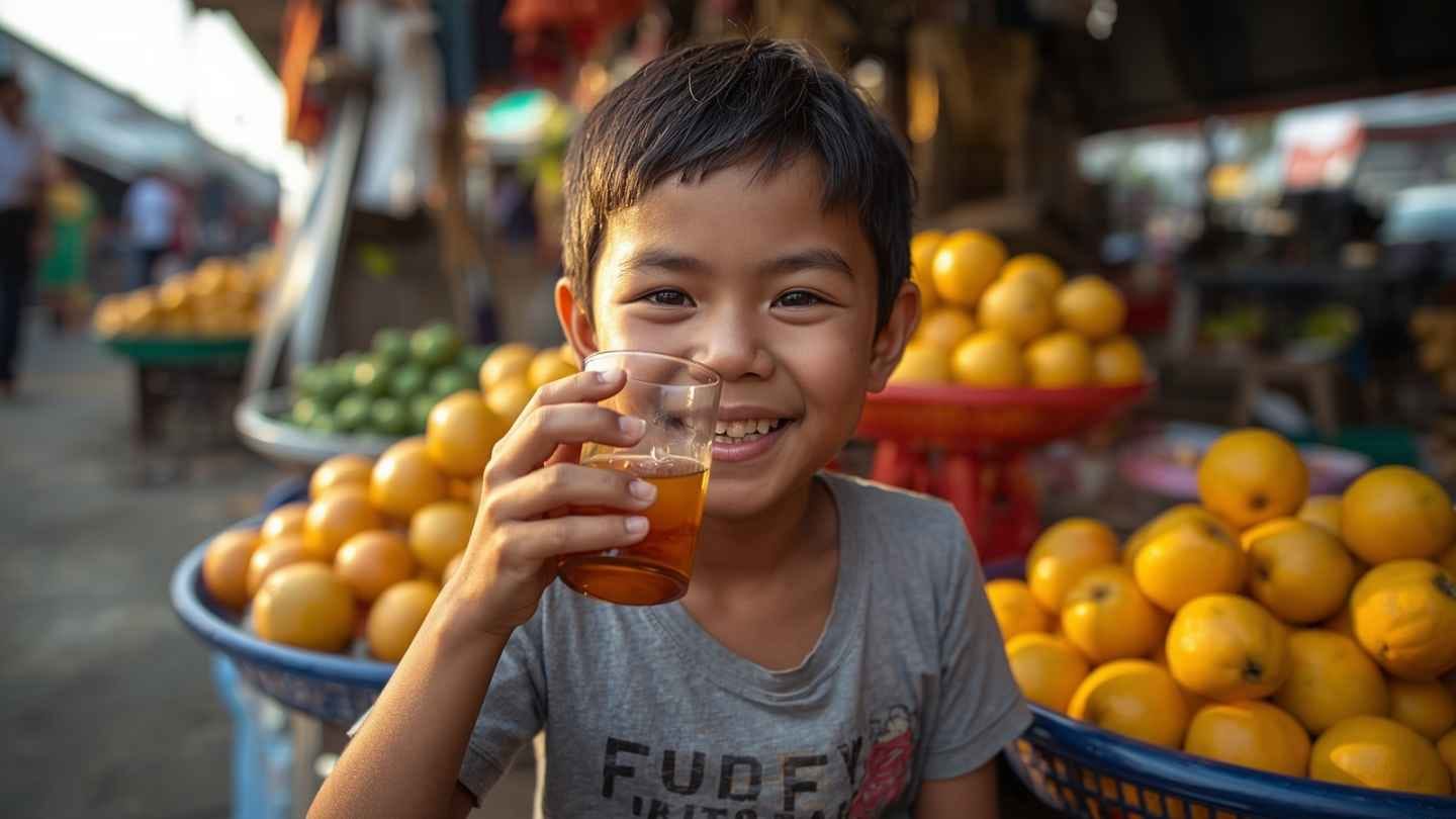 ilustrasi gambar seorang anak sedang minum kencur dicampur madu dalam gelas
