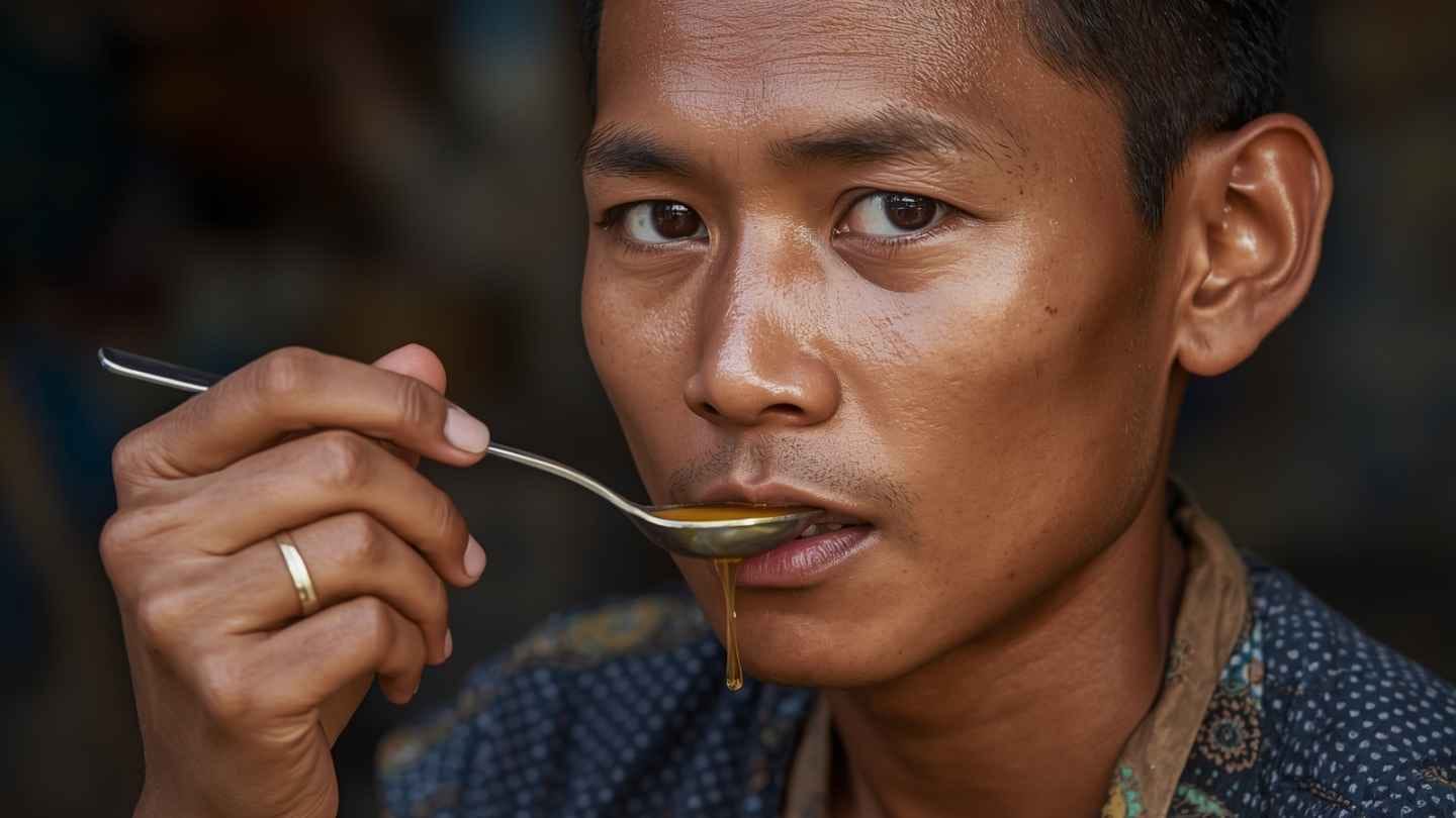 ilustrasi gambar seorang pria asam lambung sedang minum madu menggunakan sendok kecil