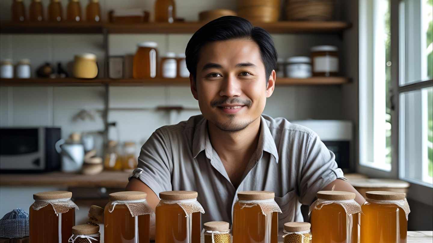 ilustrasi gambar seorang pria bisnis jual madu asli di rumah