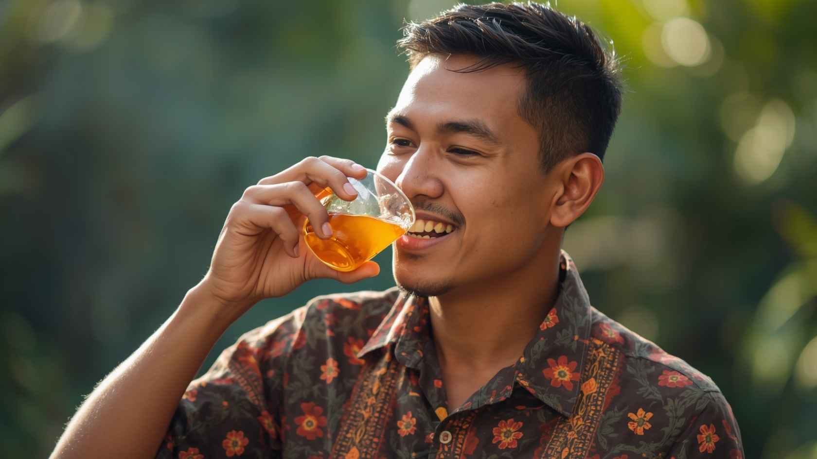ilustrasi gambar seorang pria indonesia minum madu hutan pakai gelas kecil