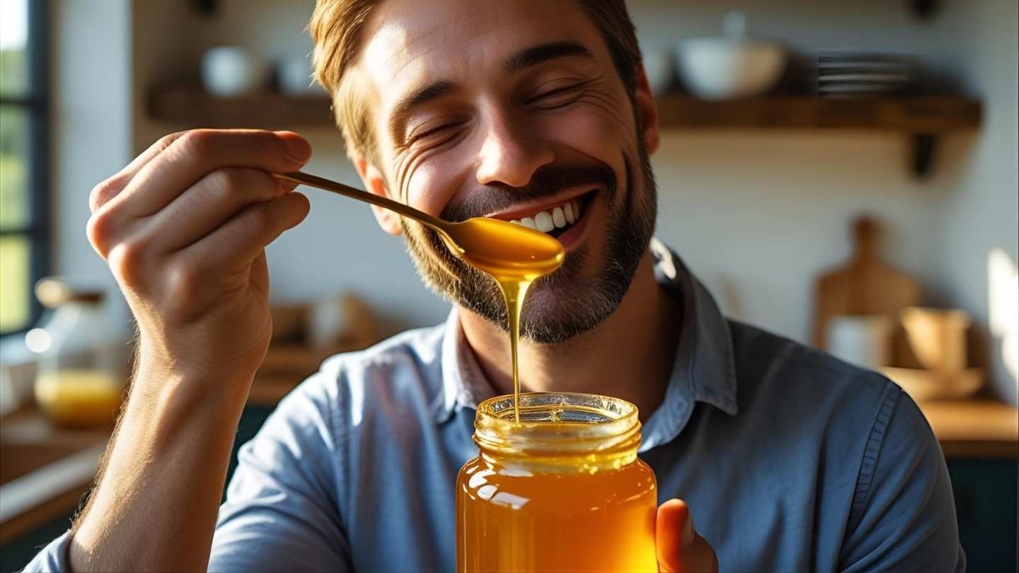 ilustrasi gambar seorang pria minum madu untuk jantung