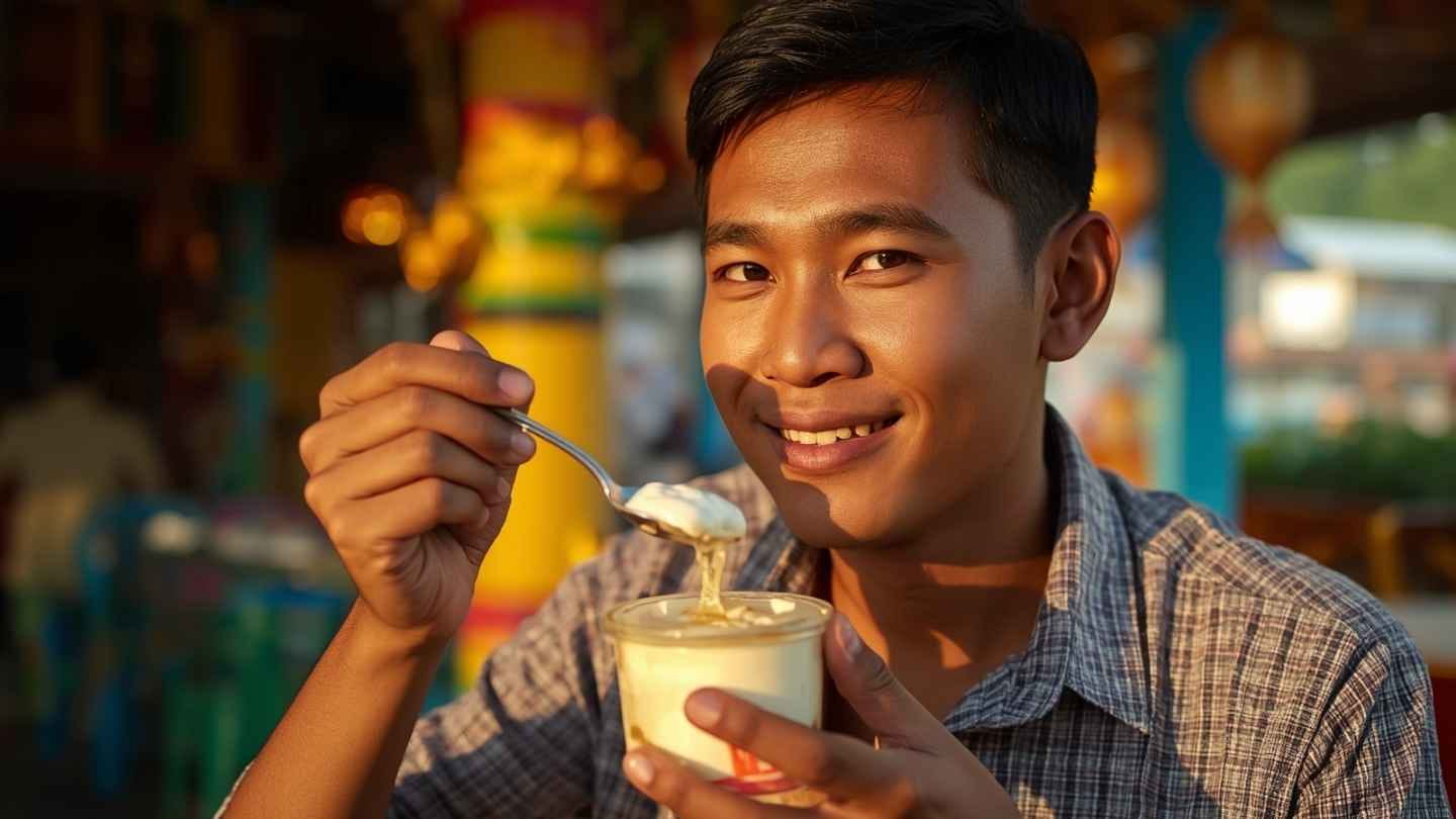 ilustrasi gambar seorang pria muda indonesia sedang minum madu campur yogurt menggunakan sendok kecil