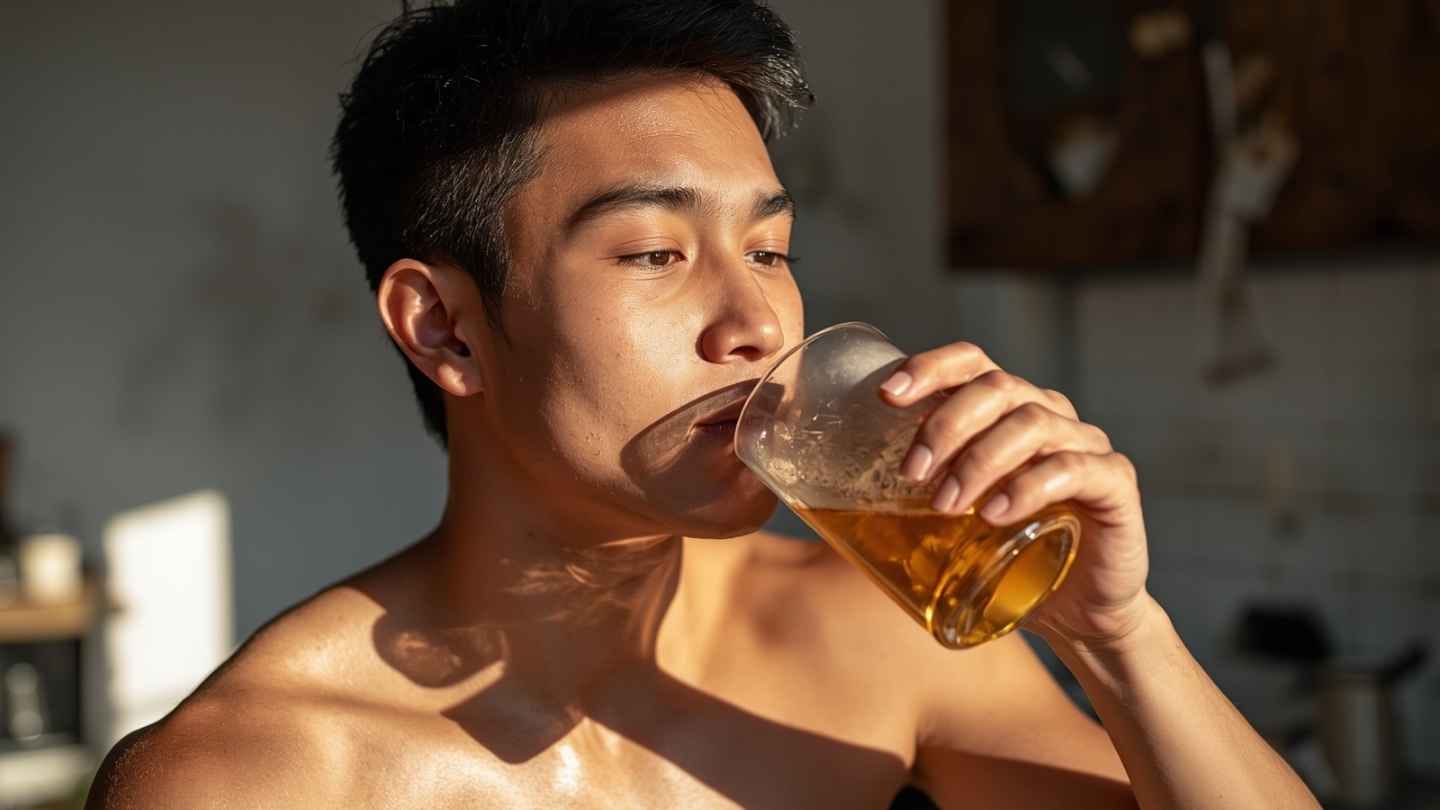 ilustrasi gambar seorang pria muda sedang minum madu dipagi hari