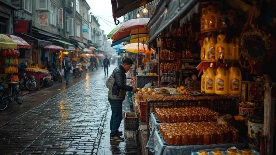 ilustrasi gambar seorang pria sedang jualan madu saat musim hujan