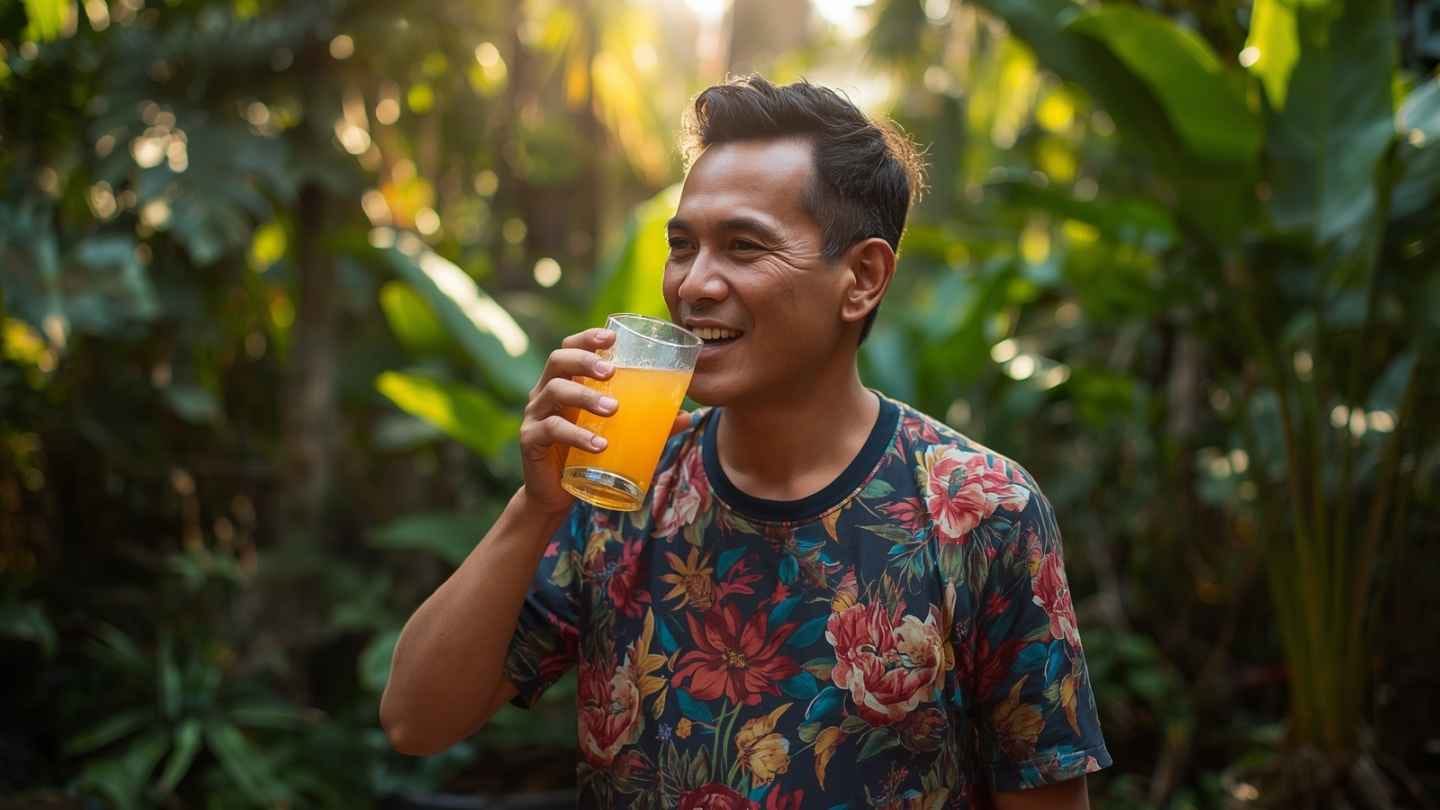 ilustrasi gambar seorang pria sedang minum air rebusan lengkuas campur madu