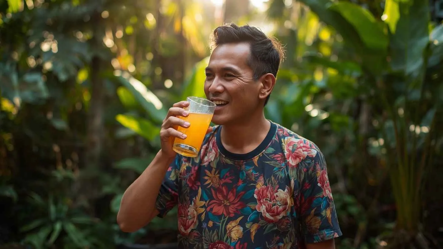 ilustrasi gambar seorang pria sedang minum air rebusan lengkuas campur madu