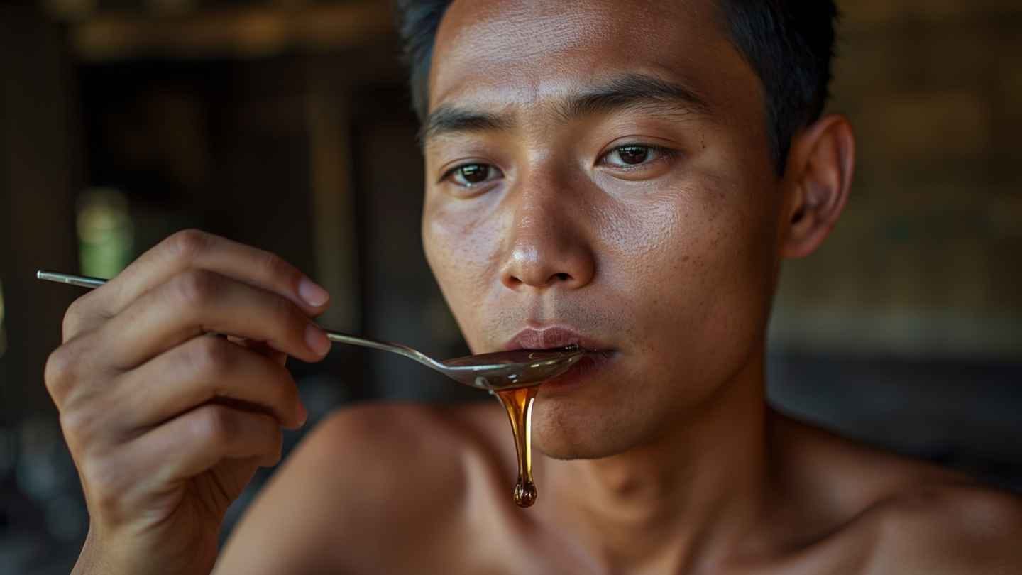 ilustrasi gambar seorang pria sedang minum madu hitam pakai sendok