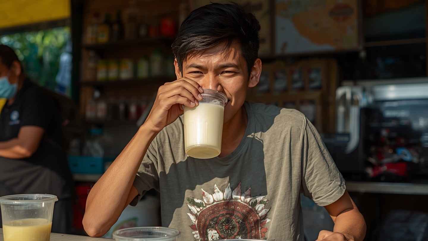 ilustrasi gambar seorang pria sedang minum stmj di warung
