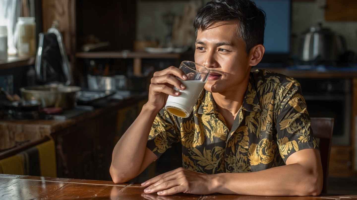 ilustrasi gambar seorang pria sedang minum susu digelas dicampur dengan madu dipagi hari