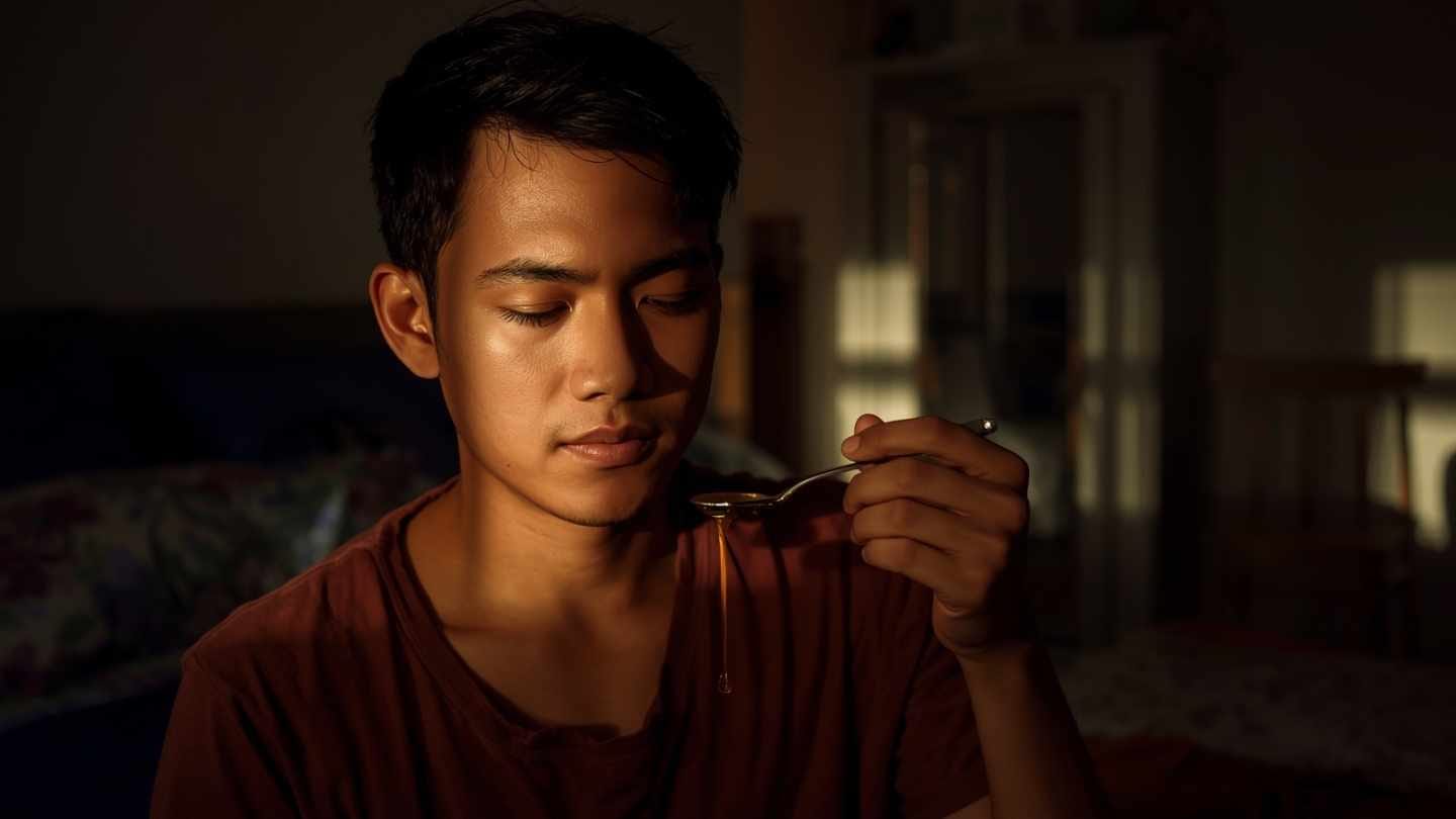 ilustrasi gambar seorang pria stres sedang minum madu menggunakan sendok teh