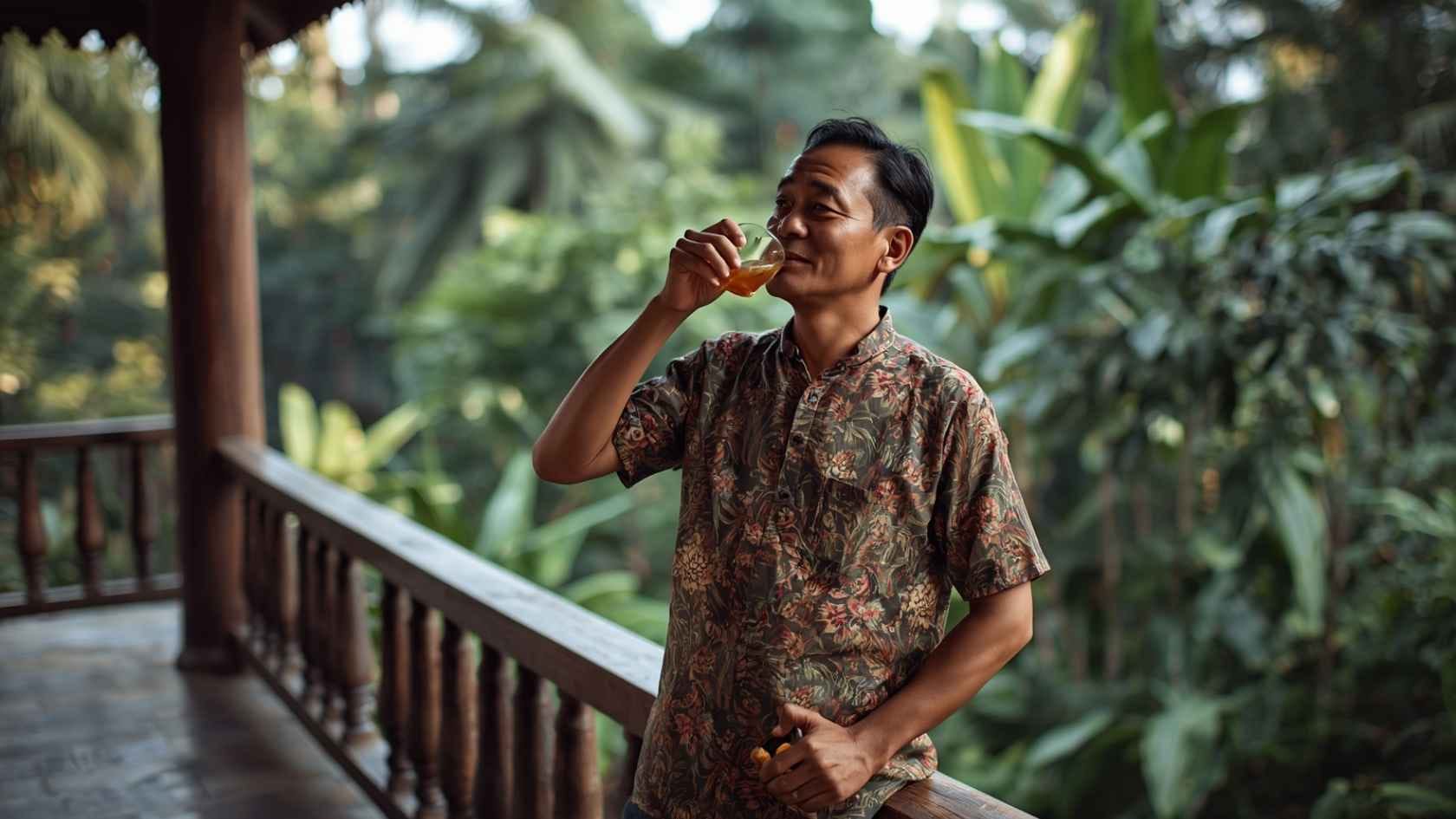 ilustrasi gambar seorang pria tua minum madu di pagi hari