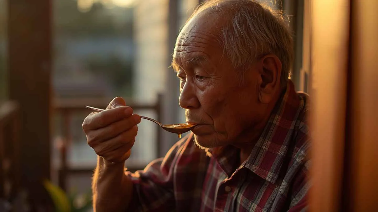 ilustrasi gambar seorang pria tua sedang minum madu untuk pemulihan ginjal