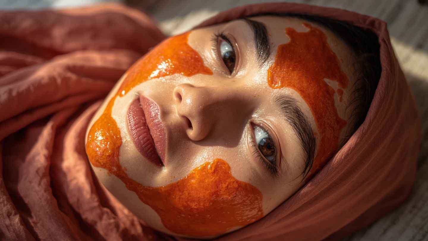 ilustrasi gambar seorang wanita berhijab memakai tomat halus dan madu dioles dimuka