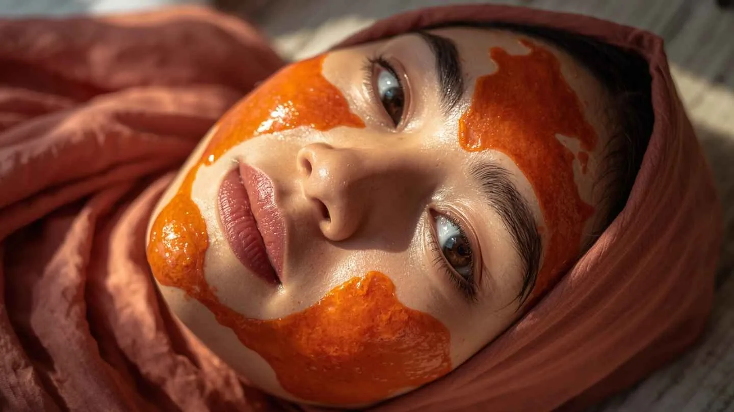 ilustrasi gambar seorang wanita berhijab memakai tomat halus dan madu dioles dimuka
