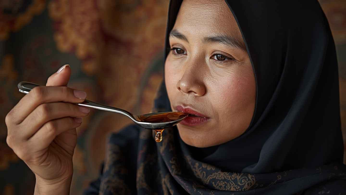 ilustrasi gambar seorang wanita berhijab minum madu hitam menggunakan sendok