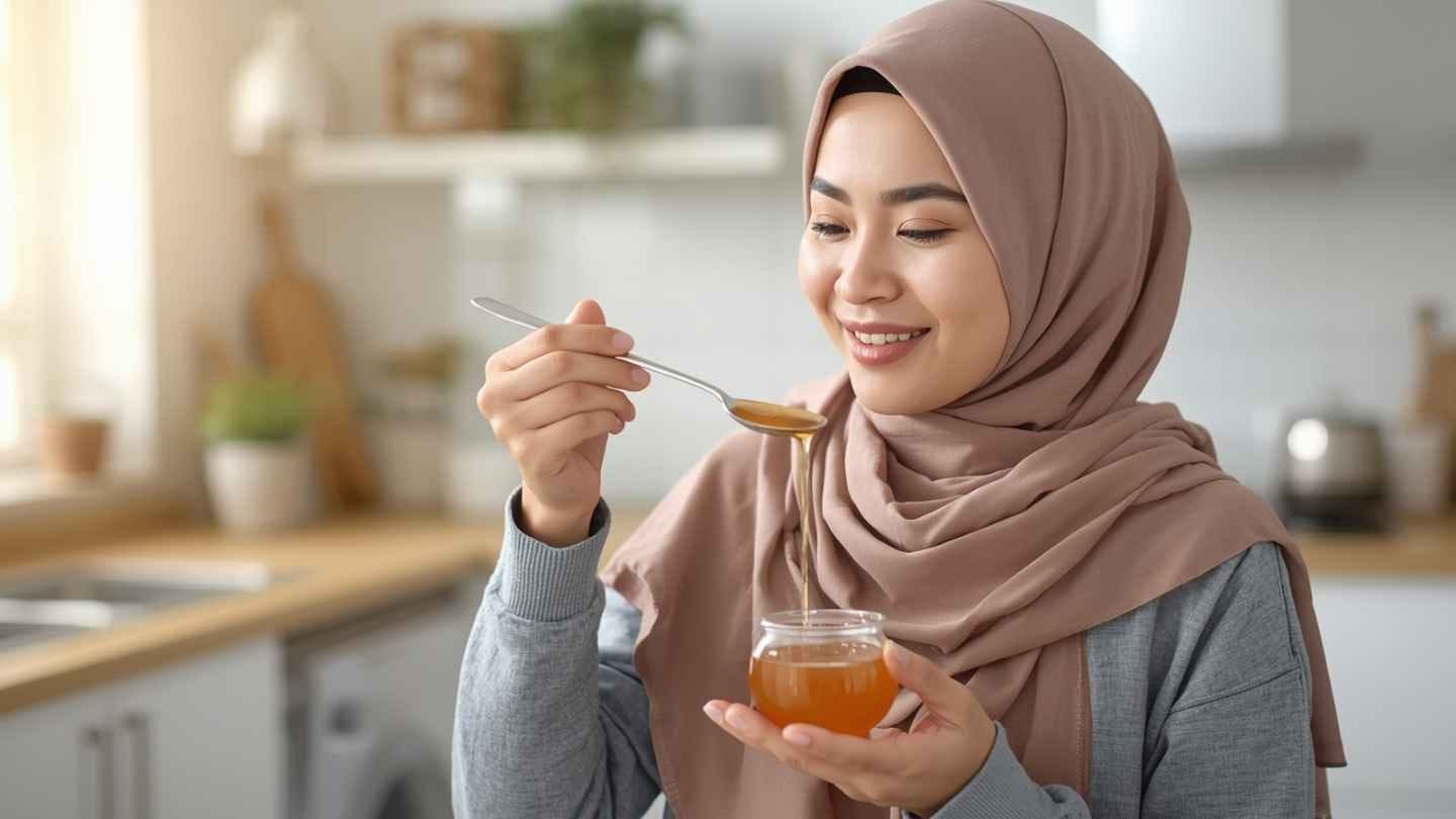 ilustrasi gambar seorang wanita berhijab minum madu menggunakan sendok untuk keperluan diet