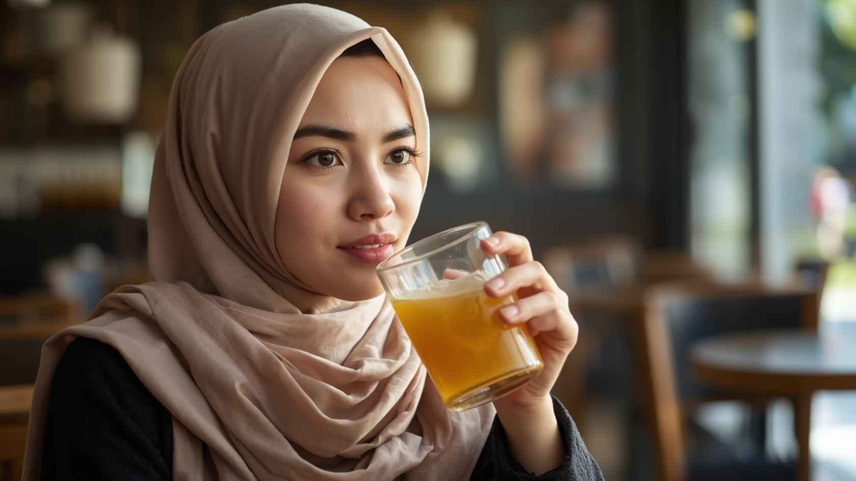 ilustrasi gambar seorang wanita sedang minum madu campur telur bebek