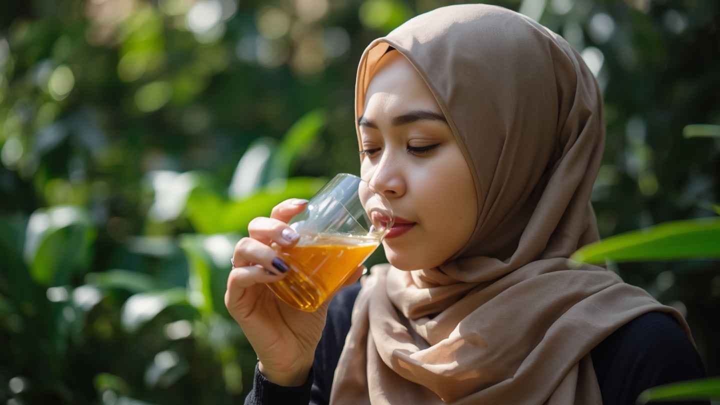 ilustrasi gambar wanita berhijab minum madu menggunakan gelas