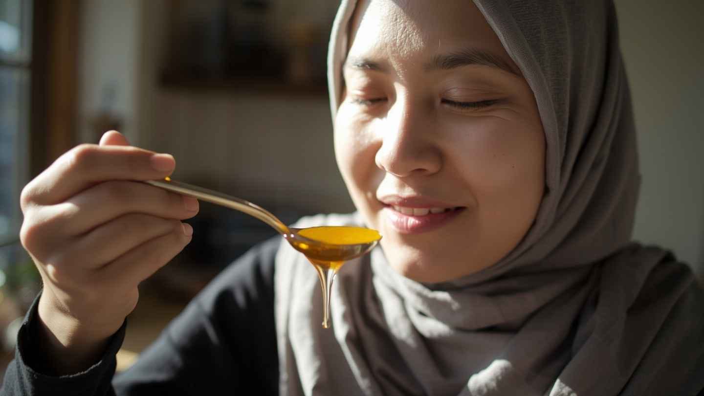 ilustrasi gambar wanita berhijab sedang minum madu untuk meredakan tenggorokan