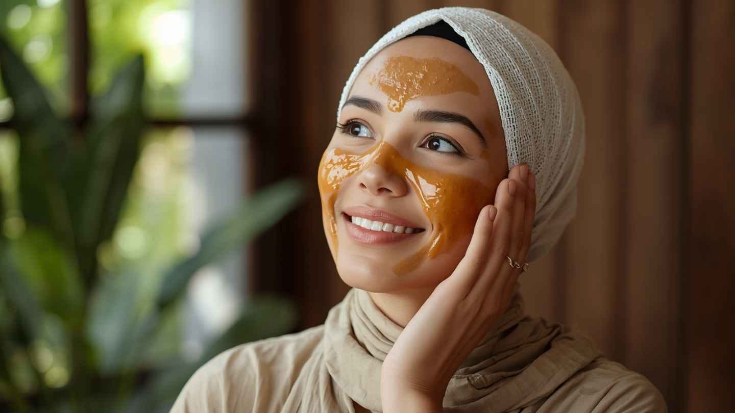 ilustrasi gambar wanita wajah berminyak menggunakan madu untuk masker