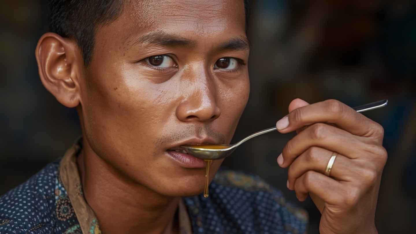 ilustrasi orang terkena kolestrol tinggi sedang minum madu