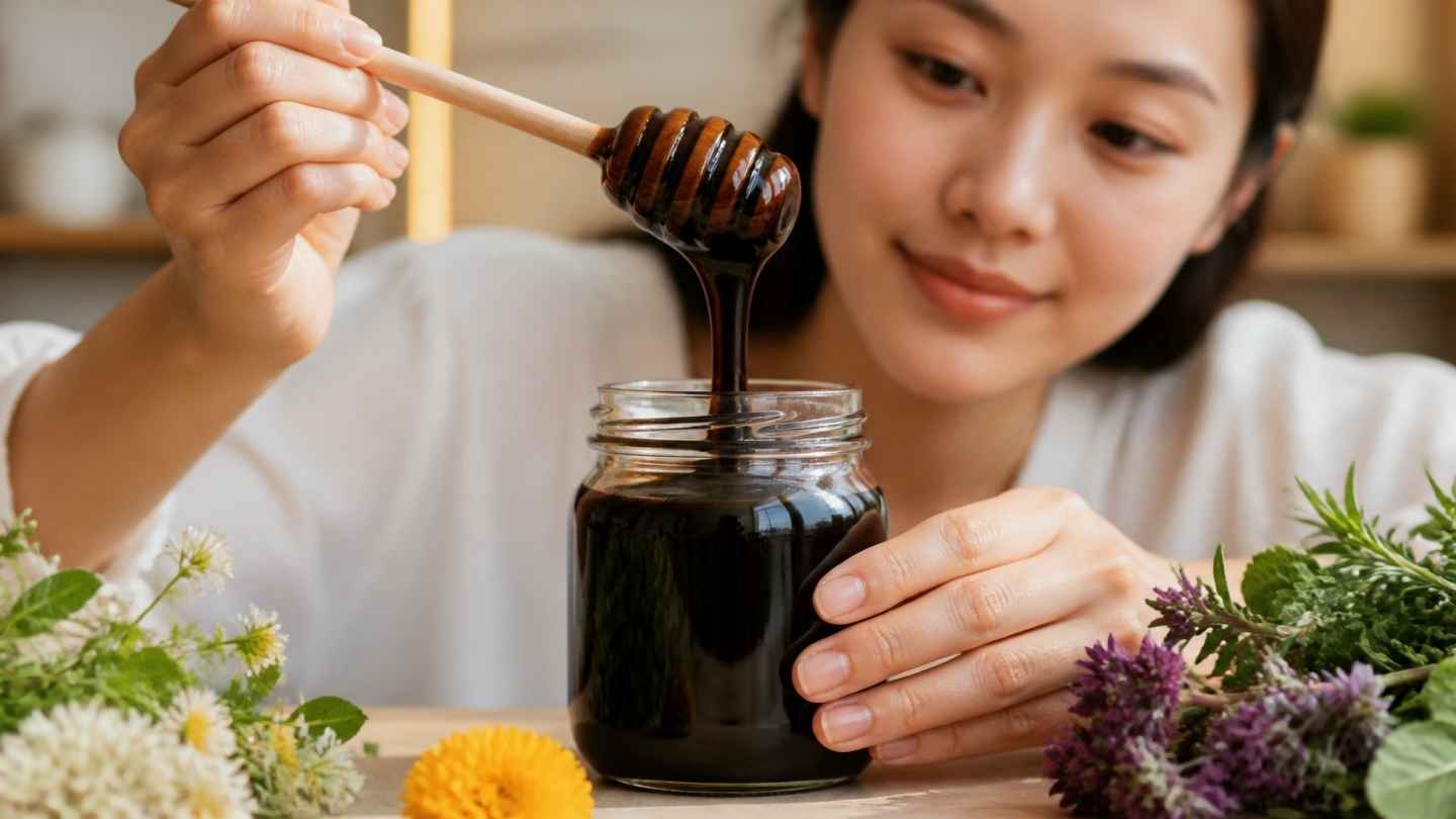 Madu hitam pekat dituang dari sendok kayu ke dalam toples kaca polos dengan tangan wanita dan bunga segar di sekitarnya untuk artikel khasiat madu hitam