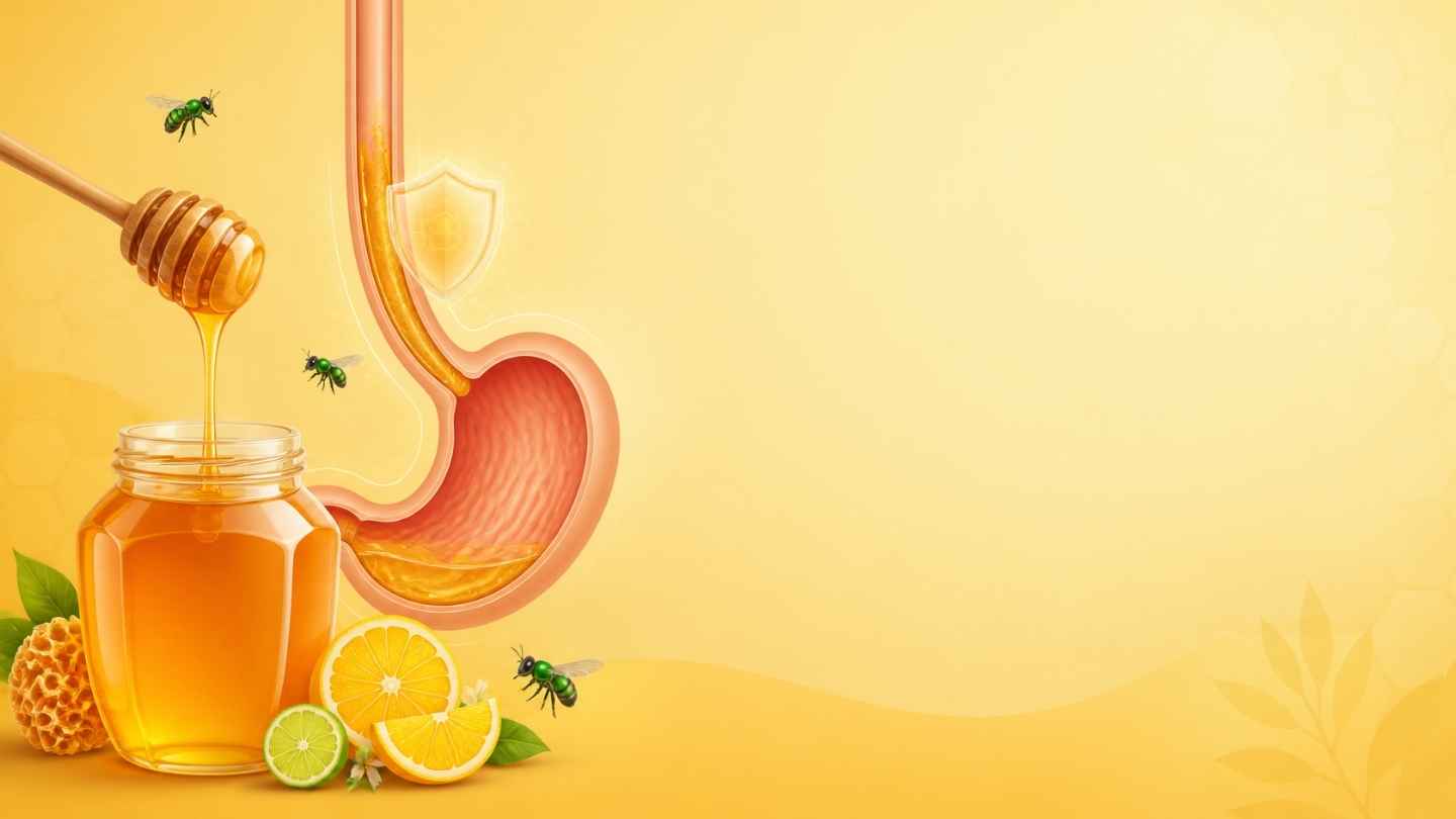 Ilustrasi botol madu klanceng yang dituangkan ke saluran kerongkongan sebagai pelapis pelindung lambung, cocok sebagai gambar khasiat madu klanceng untuk asam lambung