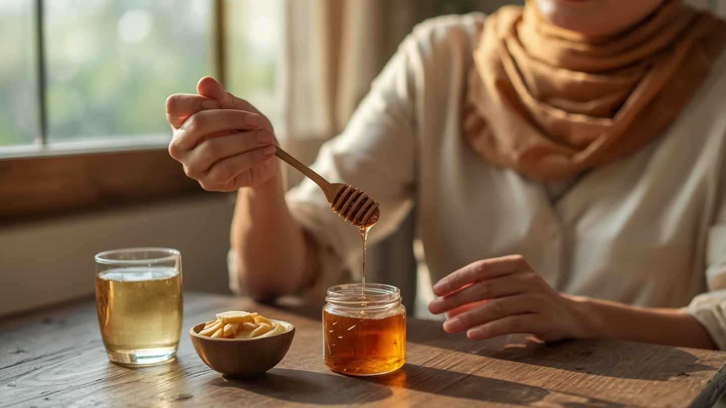 seorang wanita hamil mengangkat sendok kayu madu dan mau diminum. Ilustrasi manfaat madu klanceng untuk ibu hamil