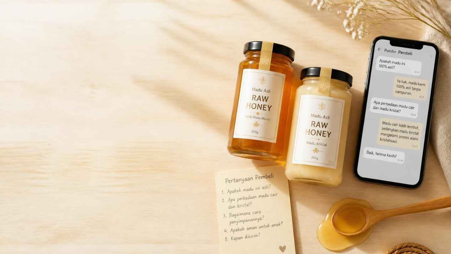 Dua botol madu cair dan madu mengkristal berdampingan di meja bersama ponsel berisi chat pertanyaan pembeli, sebagai ilustrasi cara membuat konten pemasaran madu dari pertanyaan calon pembeli