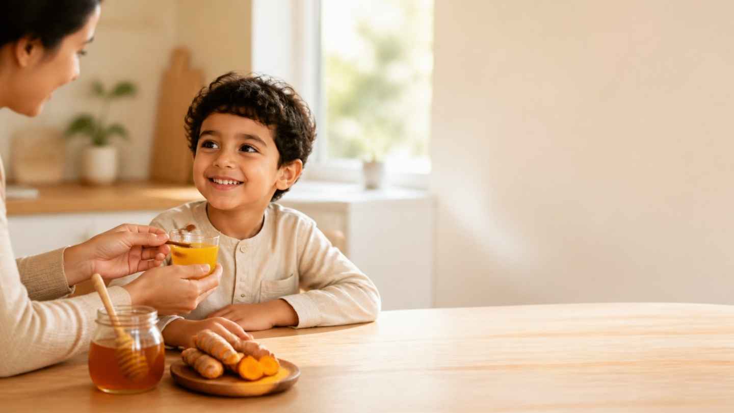 Gelas kunyit madu untuk anak di atas meja kayu bersama akar kunyit segar dan stoples madu, ditawarkan ibu kepada anak balita, manfaat dan takaran aman kunyit madu untuk anak