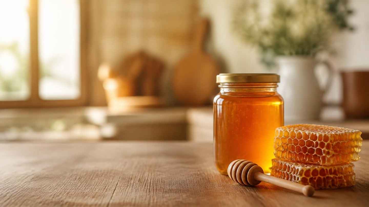 Toples kaca berisi madu asli keemasan dengan sendok kayu kering dan potongan sarang lebah di atas meja kayu, ilustrasi apakah madu asli bisa kadaluarsa
