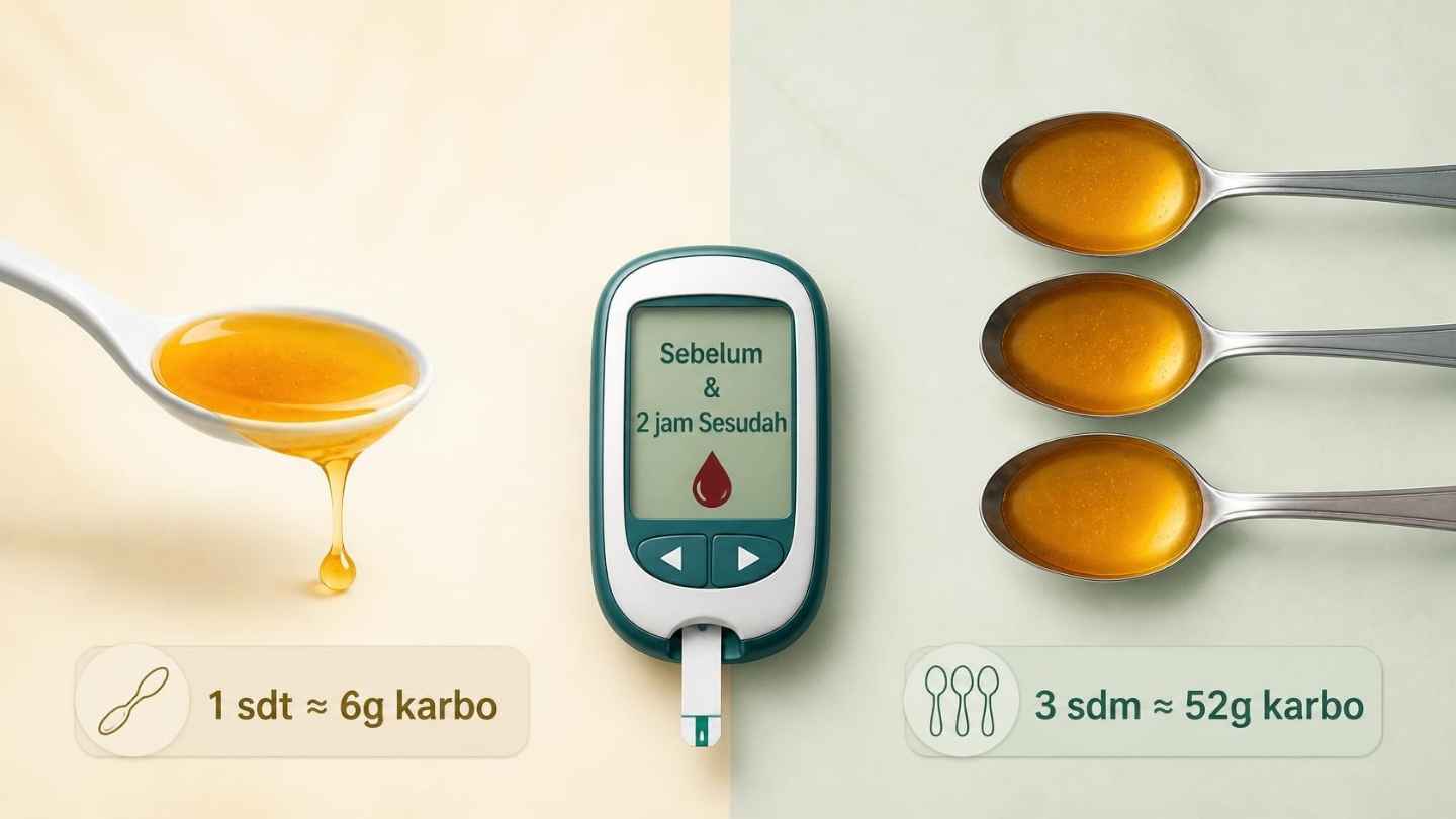 Ilustrasi vektor perbandingan takaran madu untuk penderita diabetes: sendok teh satu berisi madu emas (sekitar 6 gram karbohidrat) di sebelah kiri, tiga sendok makan bertumpuk di sebelah kanan (sekitar 52 gram karbohidrat), di tengah ikon glukometer dengan teks "Sebelum & 2 jam Sesudah" dan titik darah kecil, latar gradasi krem-sage bersih — visualisasi batas aman konsumsi madu per hari.