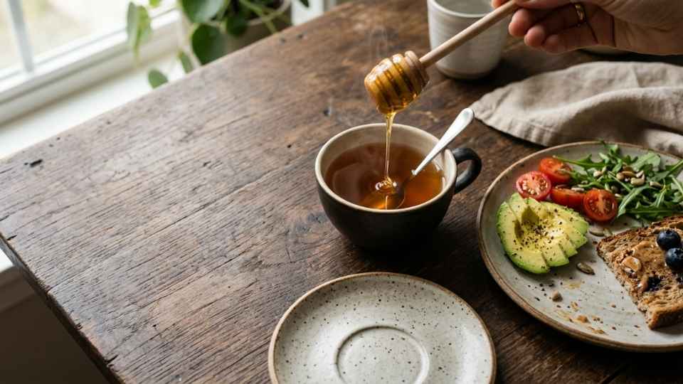 Menuang madu murni setelah makan untuk jeda waktu konsumsi yang aman" — masukkan keyword utama secara natural, bukan stuffing