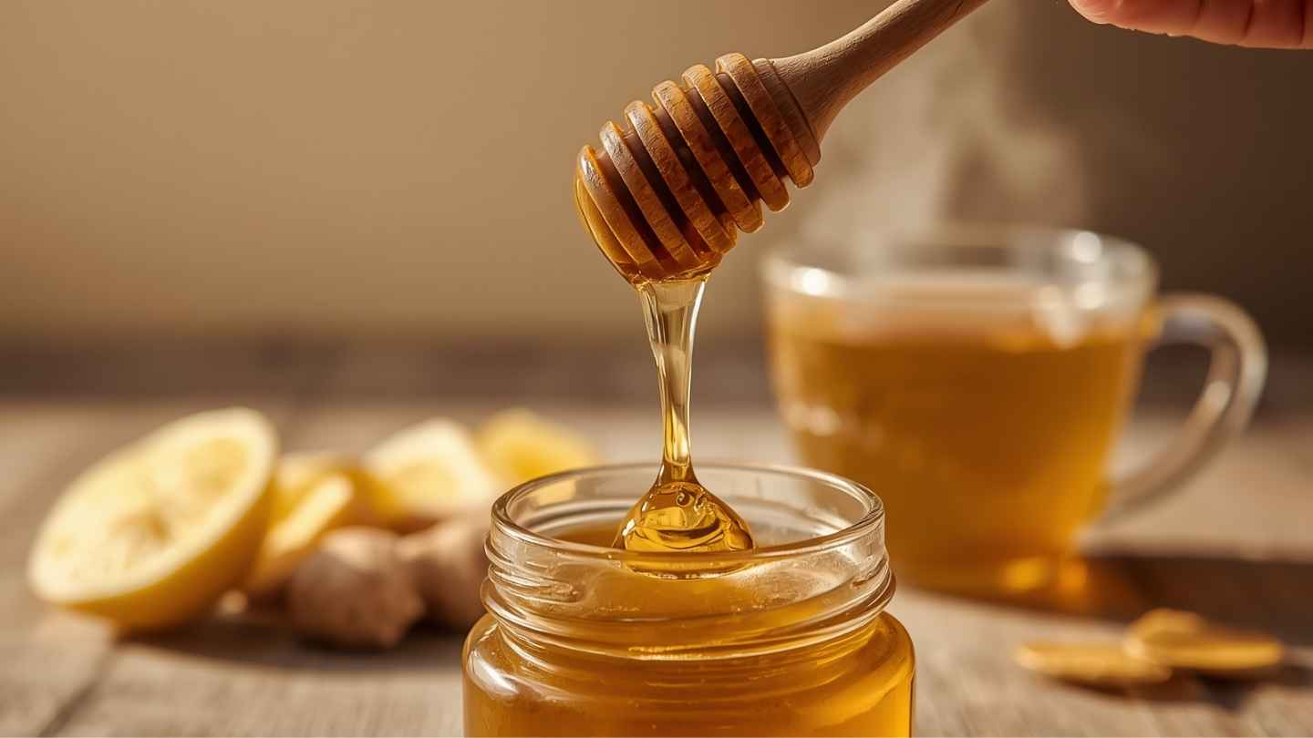 Sesendok madu murni berwarna keemasan dituang ke dalam toples kaca dengan segelas teh hangat dan irisan lemon di latar belakang, ilustrasi madu untuk batuk