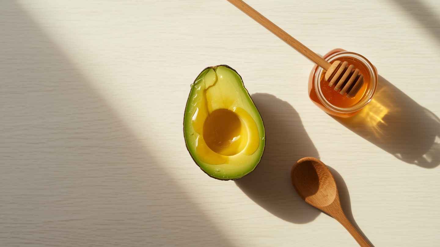 Alpukat matang dibelah dengan madu asli dituang di atasnya, disajikan sebagai menu makan alpukat campur madu