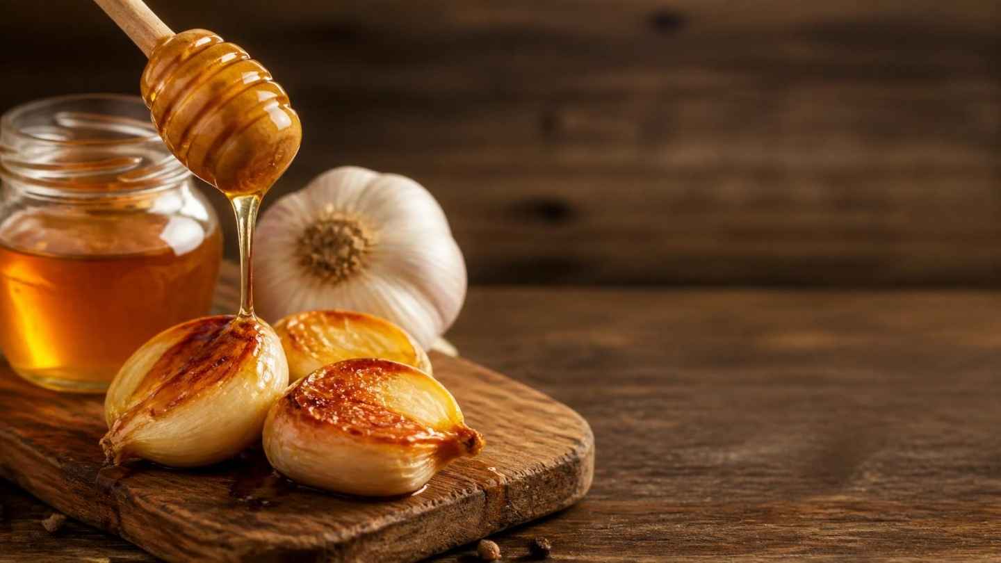 Bawang putih bakar kecokelatan di atas talenan kayu dengan madu emas menetes dari sendok kayu, ilustrasi manfaat bawang putih bakar dan madu untuk pria