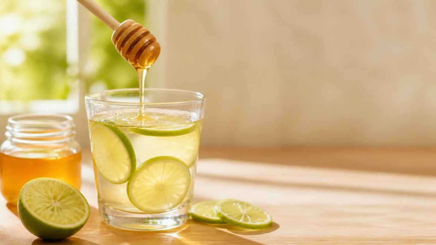 Segelas air jeruk nipis hangat dengan irisan jeruk nipis dan madu menetes dari sendok kayu di atas meja kayu