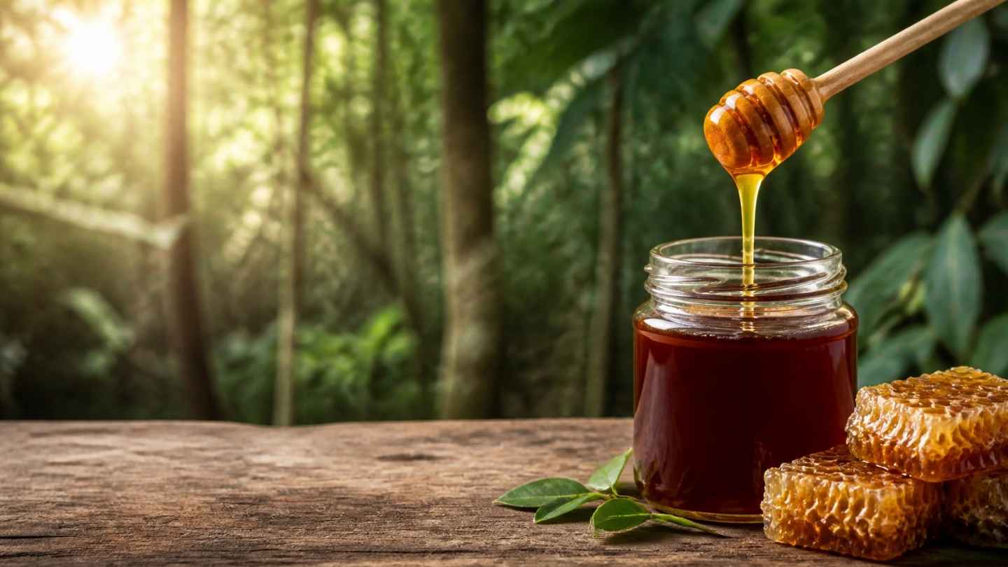 Madu hutan berwarna cokelat kemerahan dalam toples kaca dengan sendok kayu dan sarang madu di atas meja kayu, ilustrasi manfaat madu apis dorsata