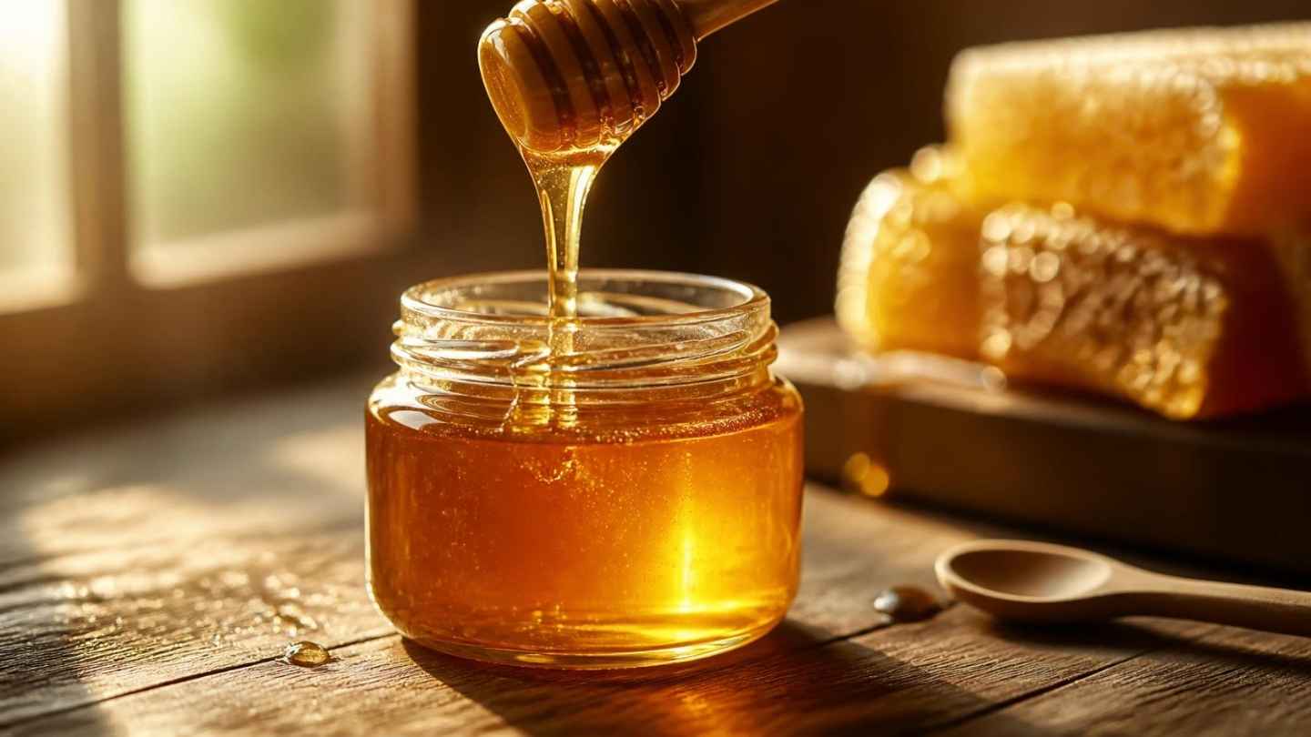 Madu asli murni berwarna keemasan dituang dari sendok kayu ke dalam toples kaca dengan sarang lebah di latar belakang, menunjukkan tekstur kental dan kemurnian madu asli