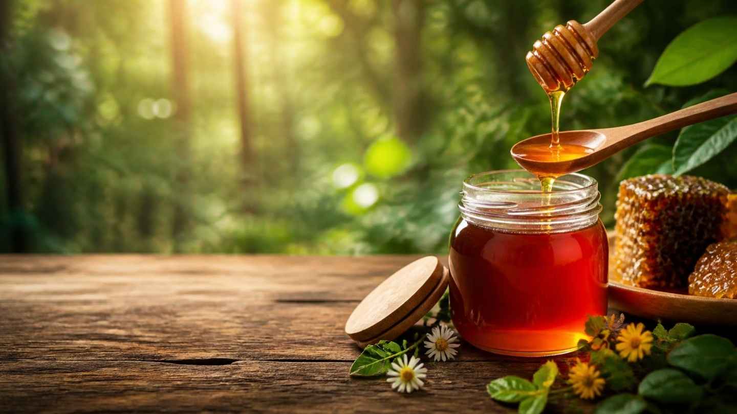 Madu hutan asli dalam toples kaca dengan tetesan madu dari sendok kayu, ilustrasi manfaat madu hutan untuk kesehatan