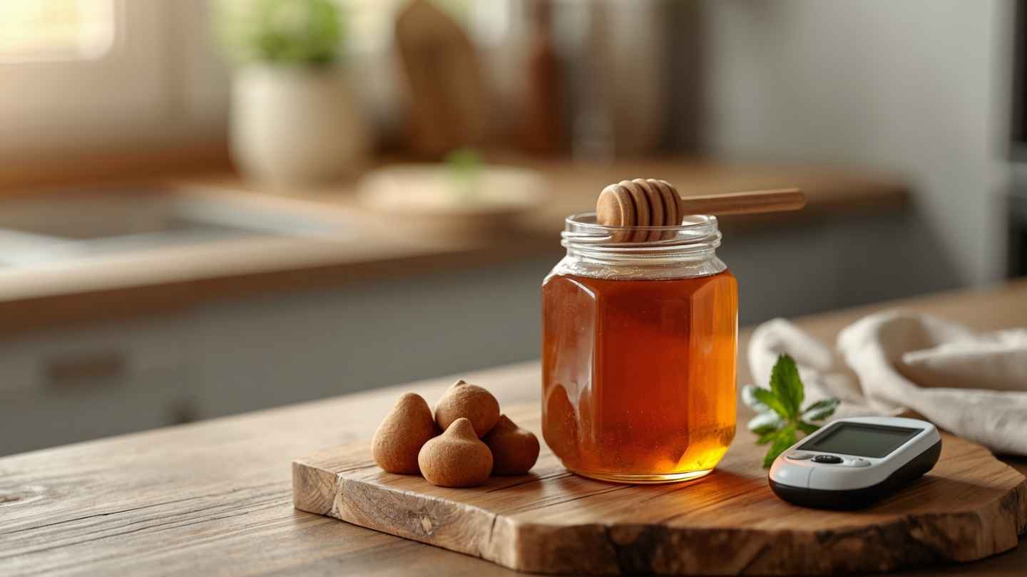 Madu klanceng dalam toples kaca dengan sendok kayu di samping pot cerumen lebah Trigona dan alat cek gula darah, ilustrasi madu klanceng untuk diabetes
