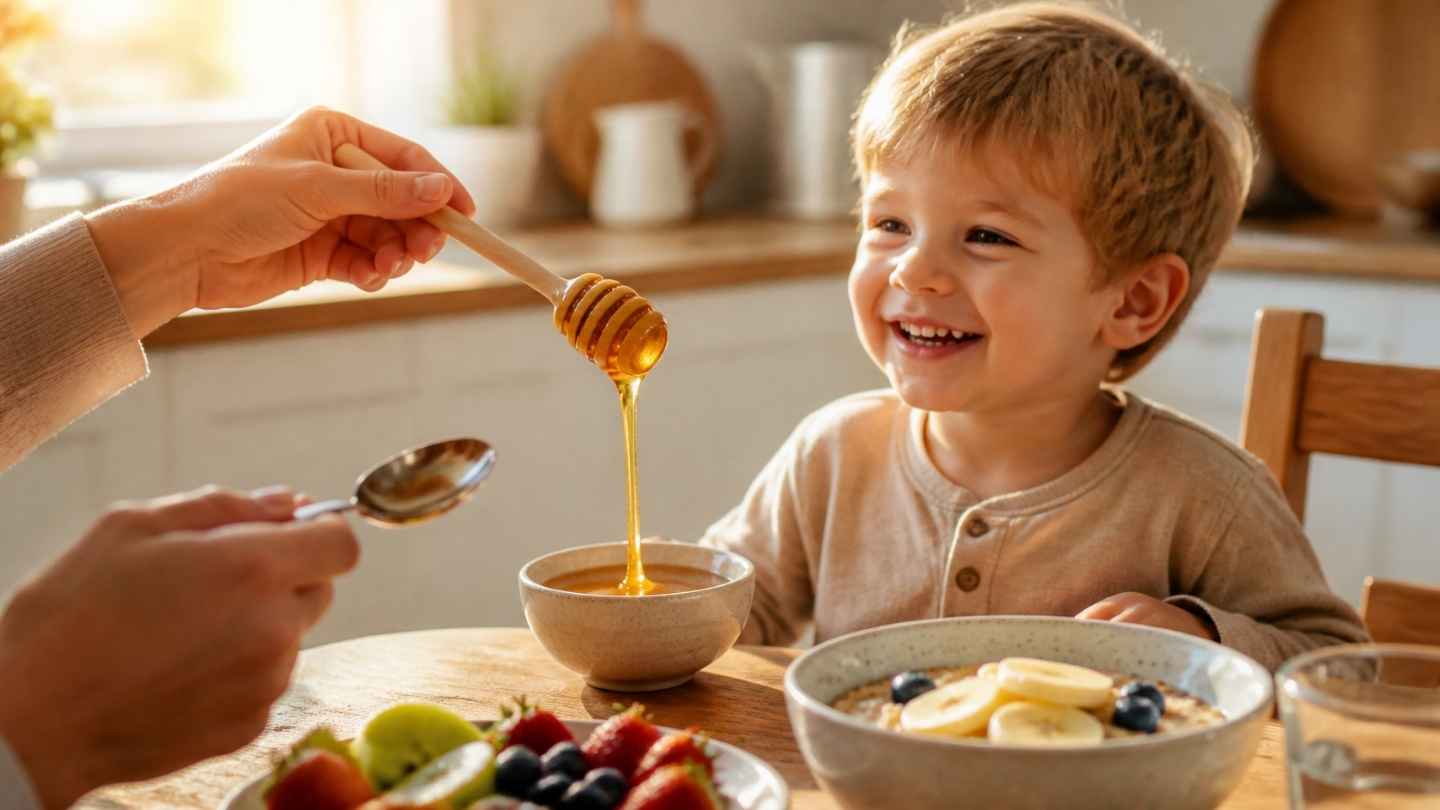 Sendok madu menetes ke mangkuk kecil di meja makan dengan balita tersenyum, menggambarkan pemberian madu untuk balita dengan aman