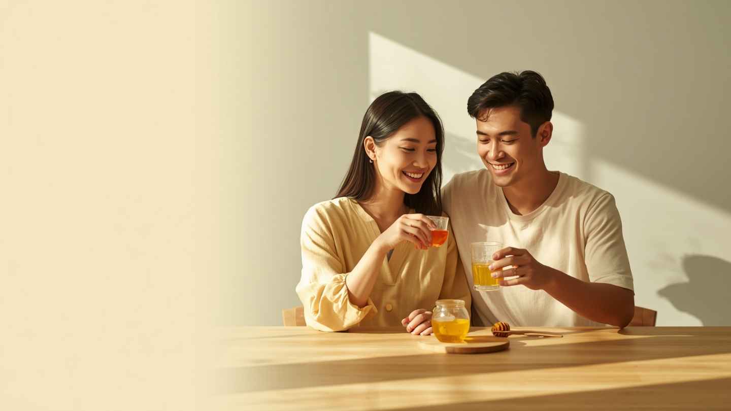 Pasangan suami istri menikmati minuman madu hangat bersama di meja makan dengan toples madu murni di sebelahnya - manfaat madu untuk pasangan suami istri