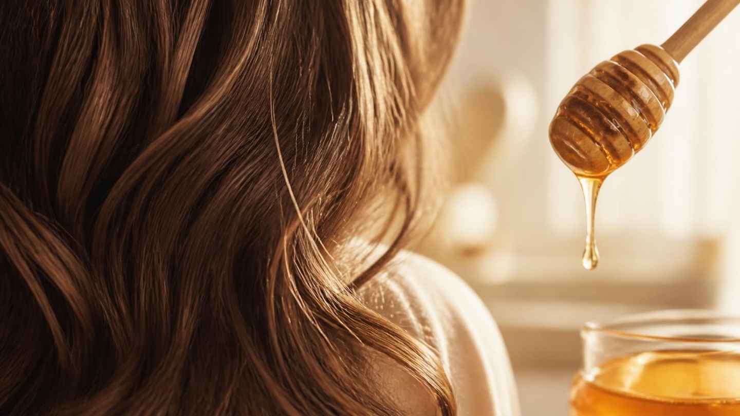Rambut sehat berkilau dengan madu murni yang dituangkan dari sendok kayu, ilustrasi manfaat madu untuk rambut